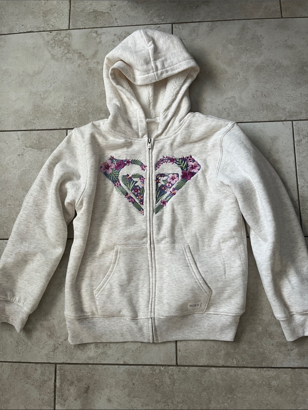 Roxy Cream Zip Hoodie with Purple Floral Heart